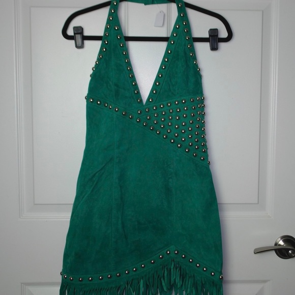 NWT X by NBD Nomi Green Suede Studded Halter Mini Dress Open Back Fringe Size XS - Picture 3 of 12